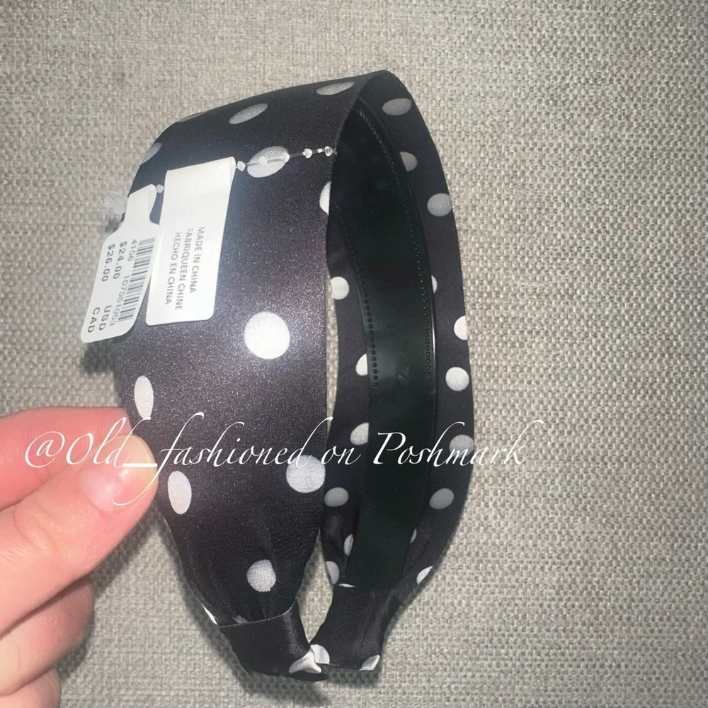 ANTHRO Wide Satin Headband - Black and White Polka Dot